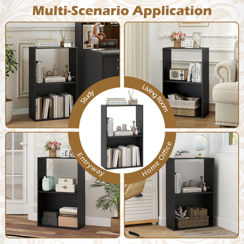Set of 2 3-Tier Bookshelf with Open Storage Compartment and Freestanding Display Shelf-Black