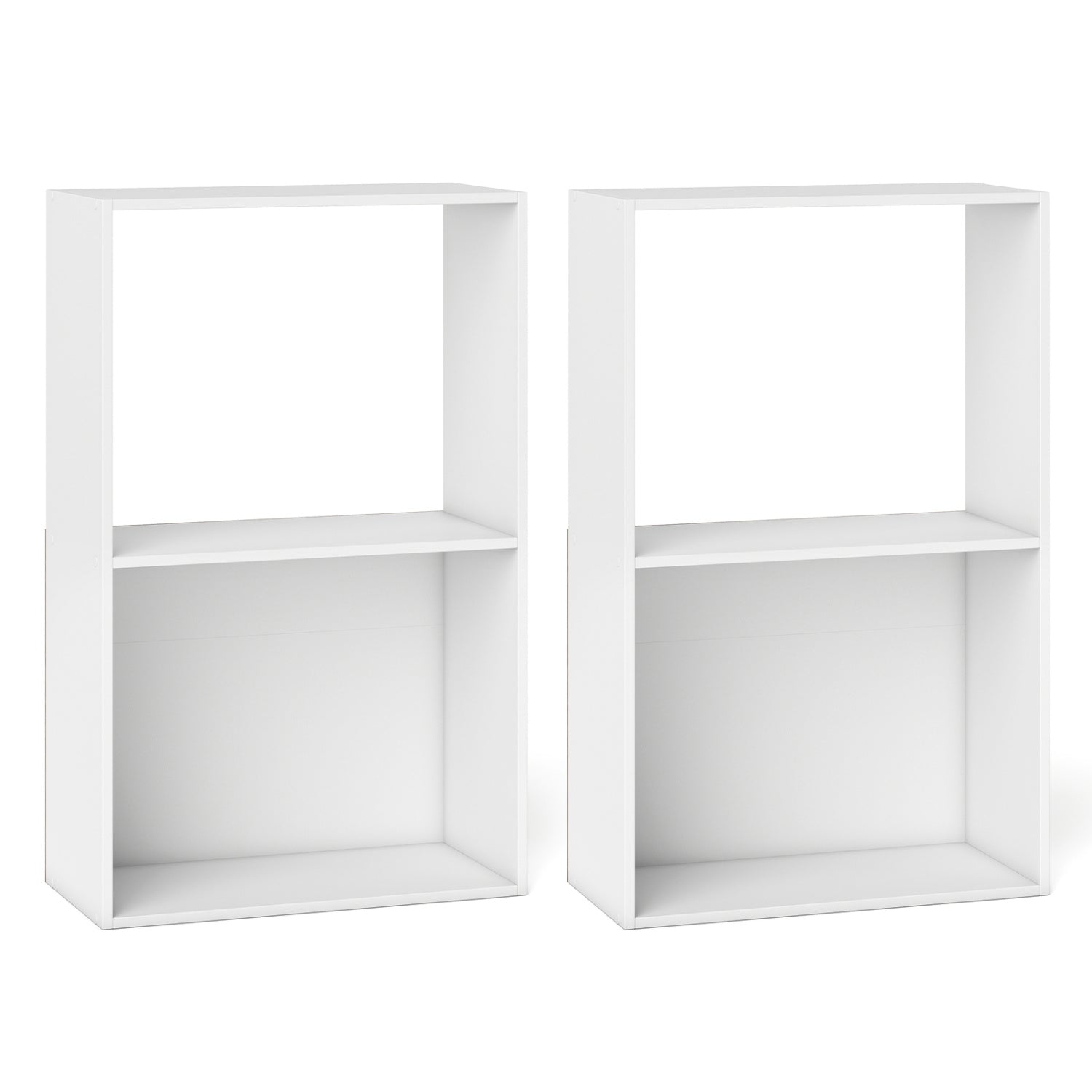 Set of 2 3-Tier Bookshelf with Open Storage Compartment and Freestanding Display Shelf-White