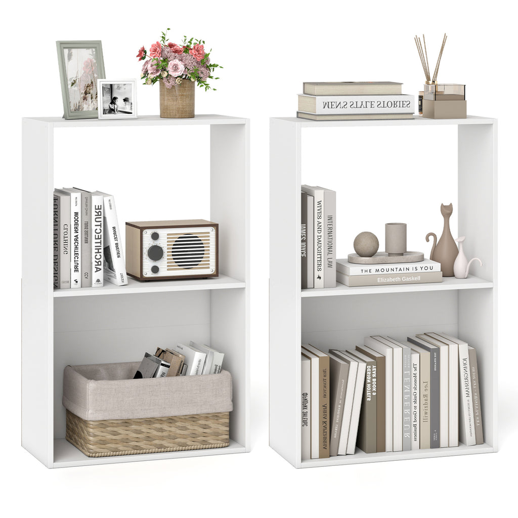 Set of 2 3-Tier Bookshelf with Open Storage Compartment and Freestanding Display Shelf-White