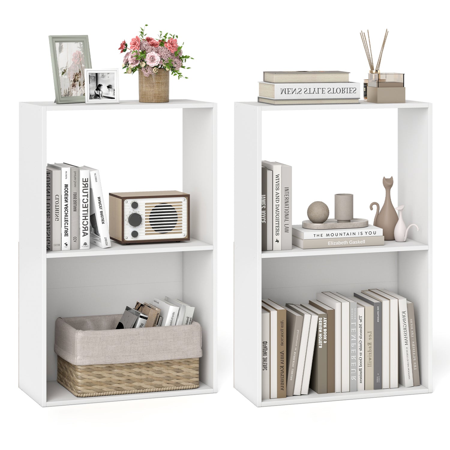 Set of 2 3-Tier Bookshelf with Open Storage Compartment and Freestanding Display Shelf-White