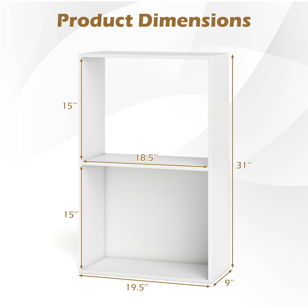 Set of 2 3-Tier Bookshelf with Open Storage Compartment and Freestanding Display Shelf-White