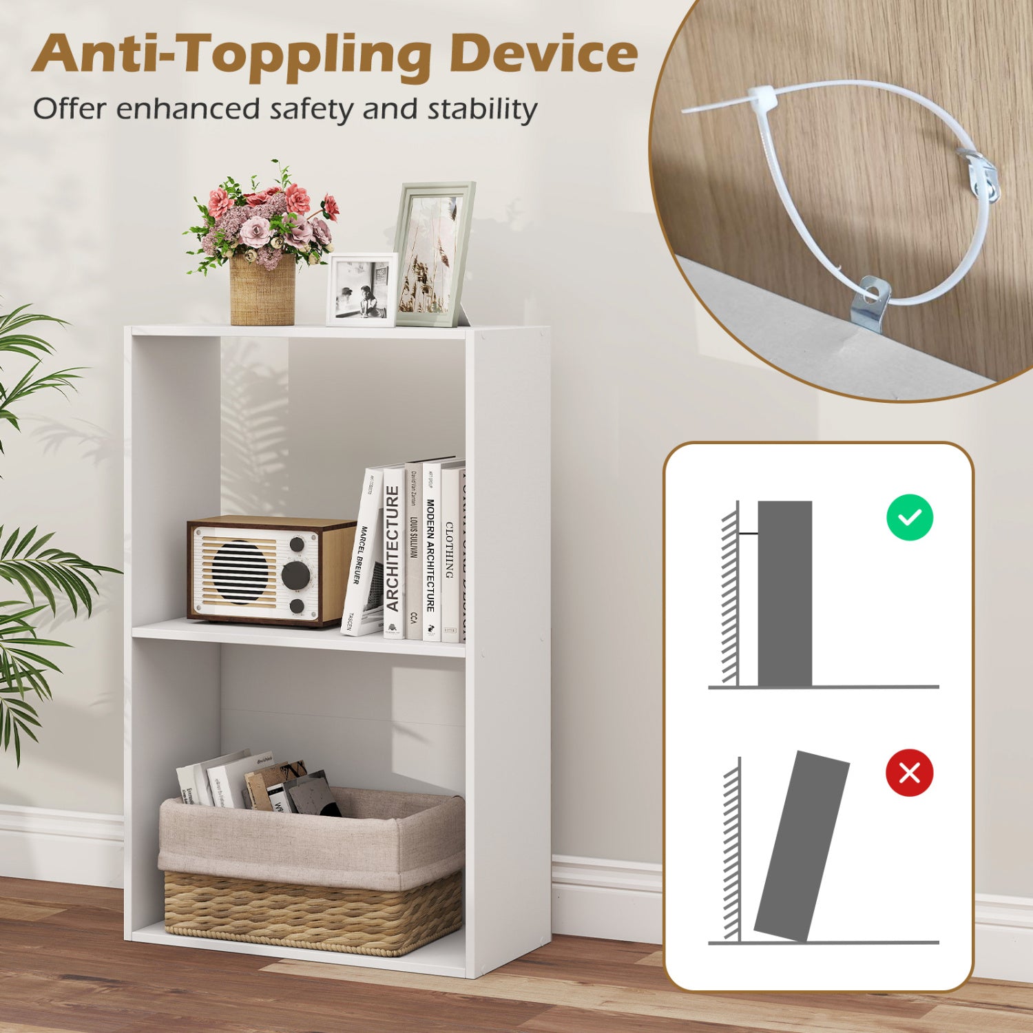 Set of 2 3-Tier Bookshelf with Open Storage Compartment and Freestanding Display Shelf-White