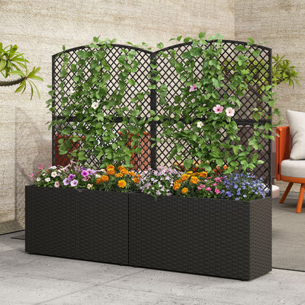 Set of 2 49 Inch Raised Garden Bed with Trellis and Wicker Planter Box-Black
