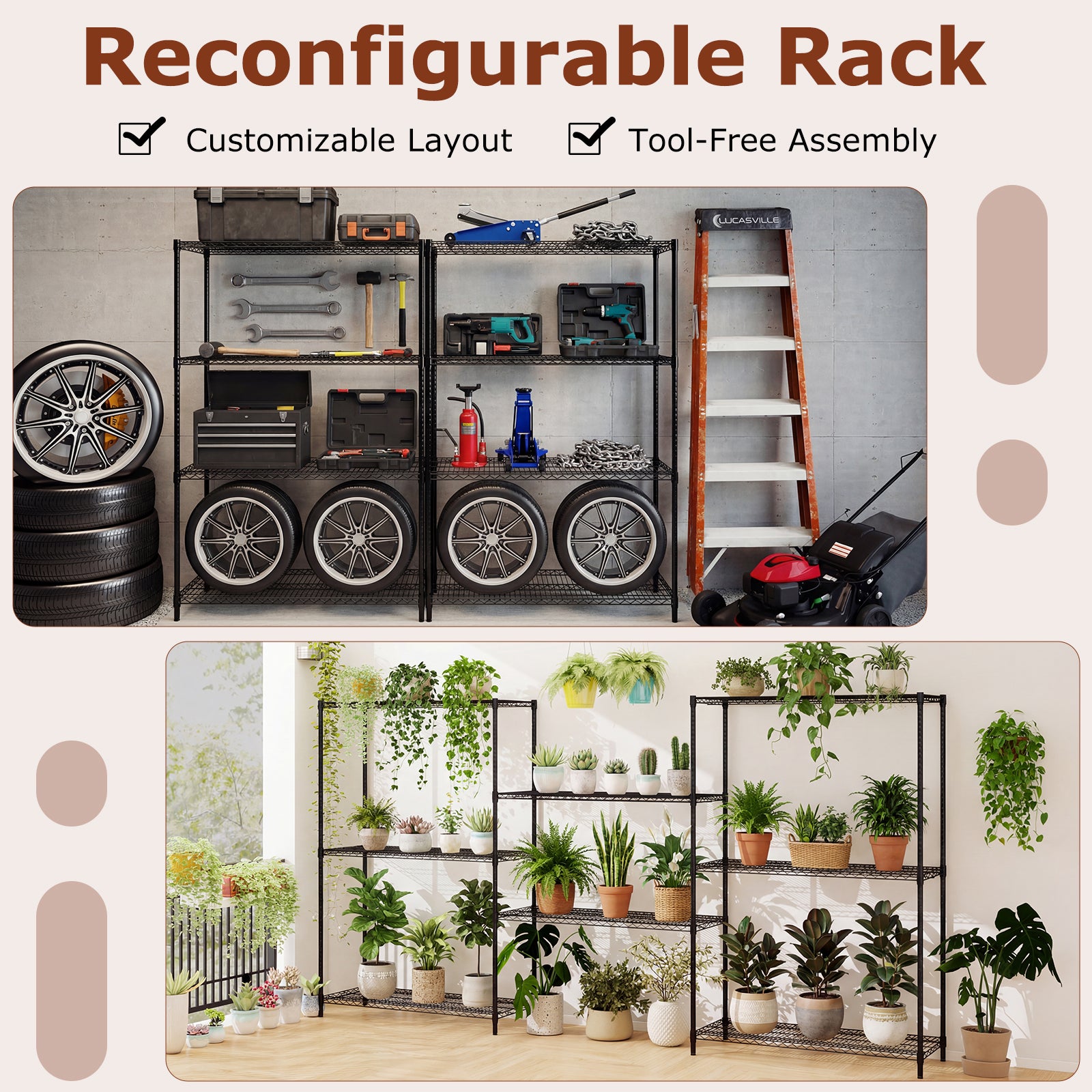 Set of 2 4-Tier Metal Storage Shelving Unit with V-Shaped Wire Rack-Black