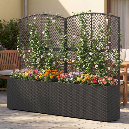 Set of 2 58 Inch Raised Garden Bed with Trellis and Wicker Planter Box-Black