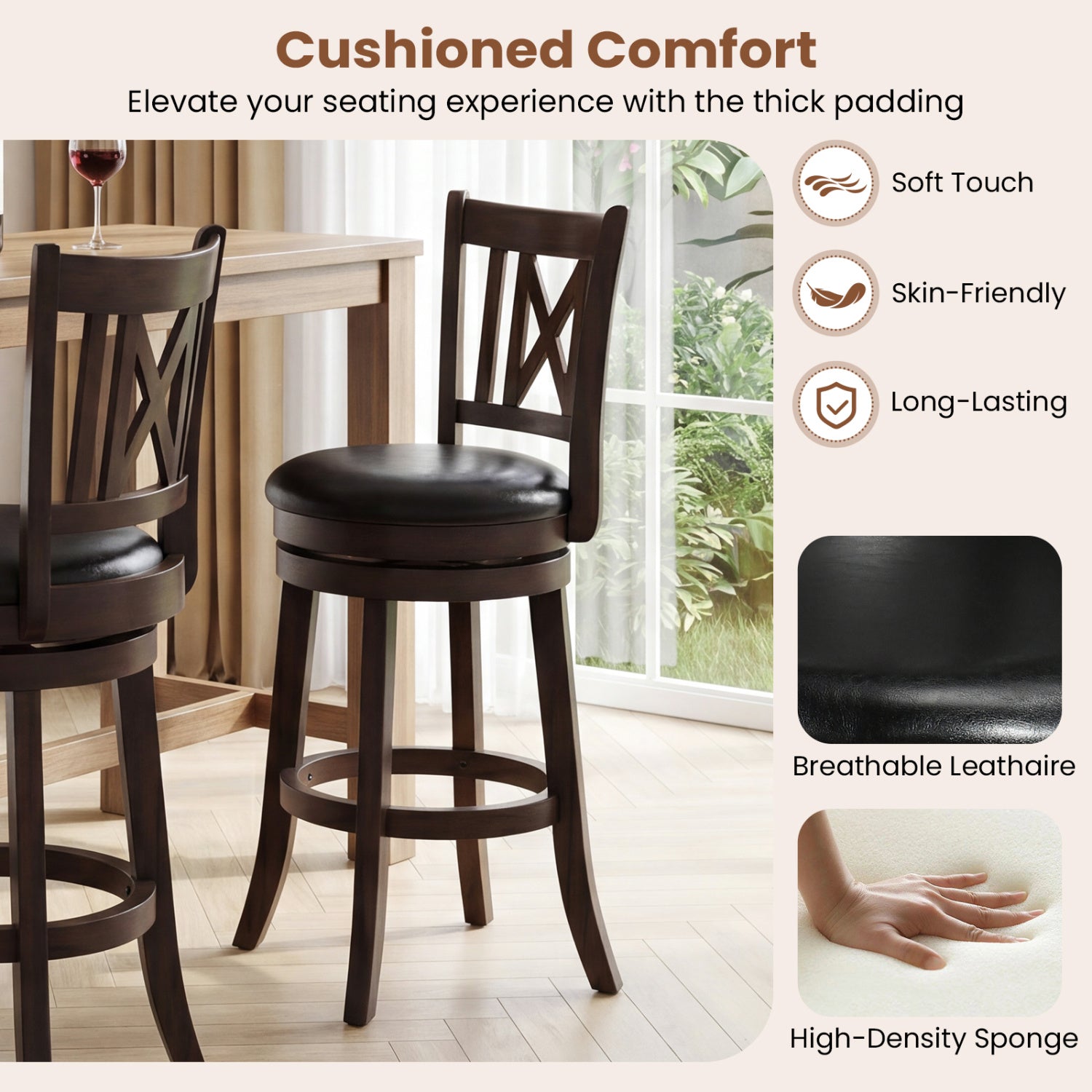 Set of 2 Bar Stools Swivel Bar Chairs with Hollowed Backrest and Footrest-26 inches