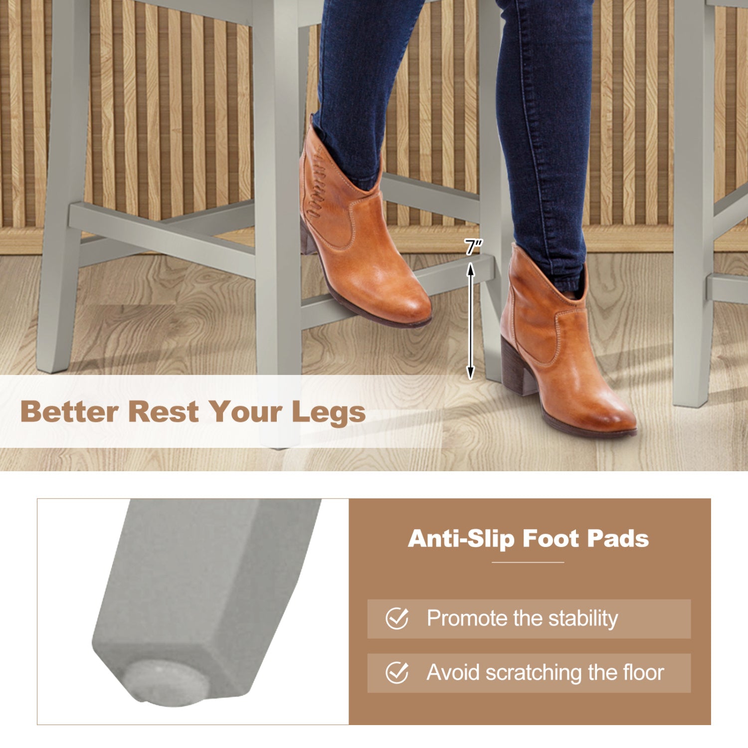 Set of 2 Counter Bar Stool with Inclined Backrest and Footrest-Gray