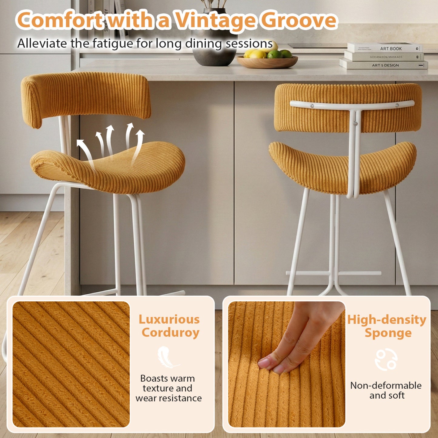 Set of 2 Counter Height Stools 25 Inch Armless Barstools with Padded Seat and Footrest-Orange