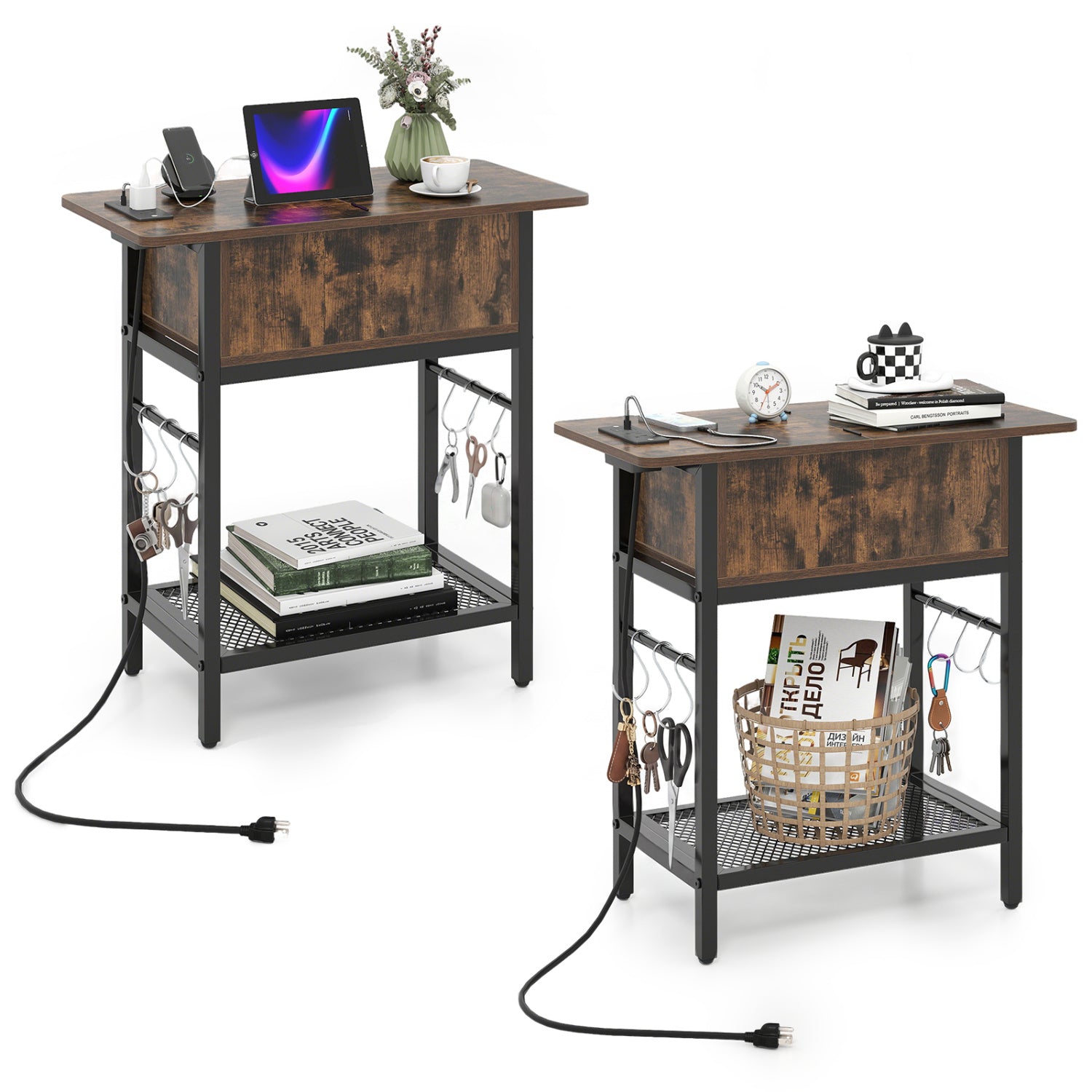 Set of 2 End Table with Charging Station and Hidden Compartment-Rustic Brown
