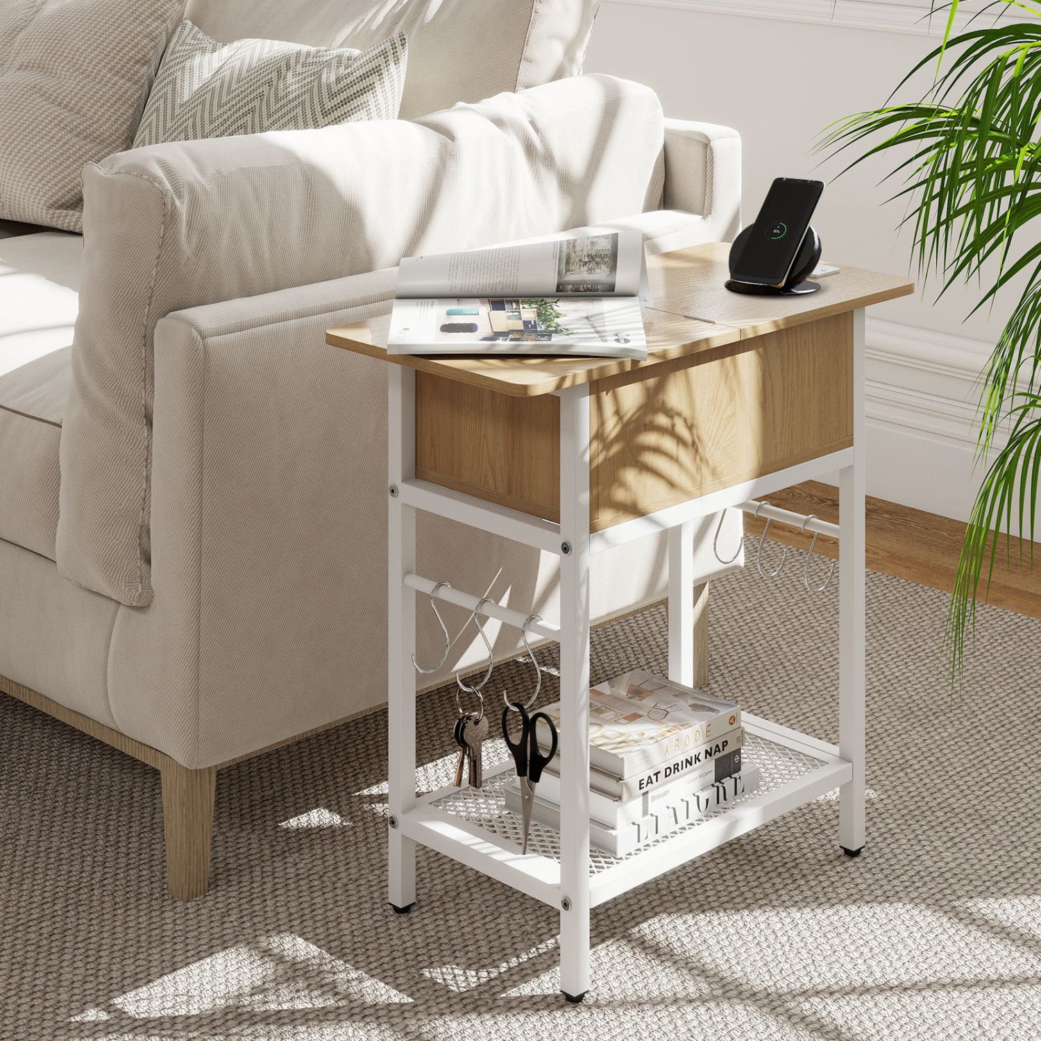 Set of 2 End Table with Charging Station and Hidden Compartment-Natural