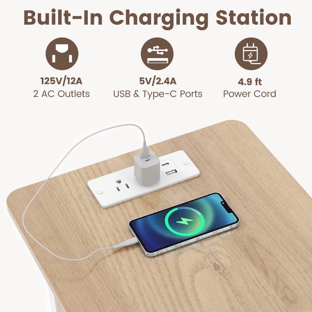 Set of 2 End Table with Charging Station and Hidden Compartment-Natural