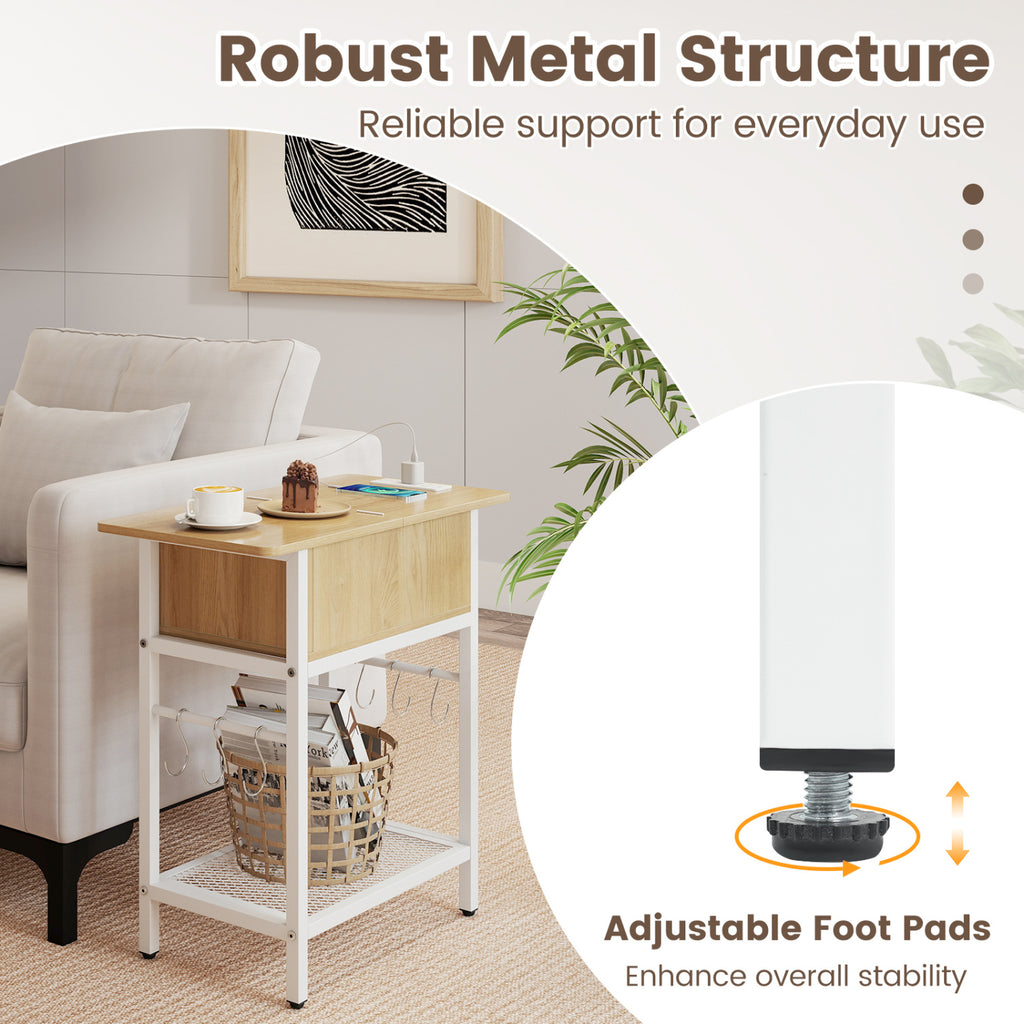 Set of 2 End Table with Charging Station and Hidden Compartment-Natural