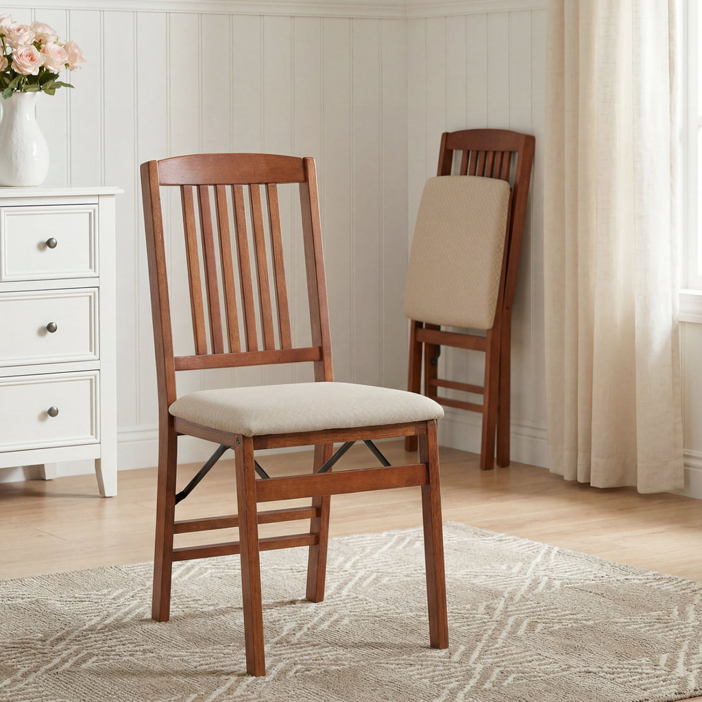 Set of 2 Foldable Upholstered Kitchen Chairs with Padded Seat-Beige