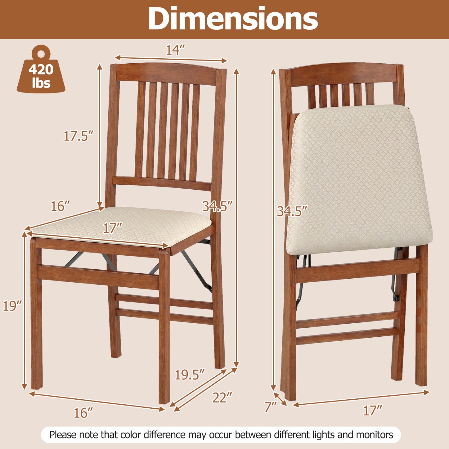 Set of 2 Foldable Upholstered Kitchen Chairs with Padded Seat-Beige