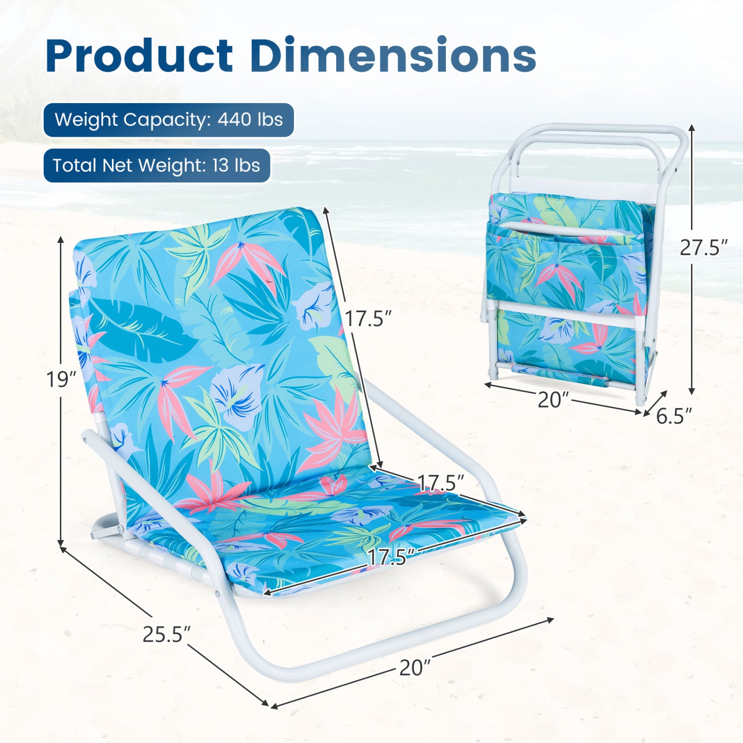 Set of 2 Folding Beach Chairs with Sponge Padded Seat for Camping-Color