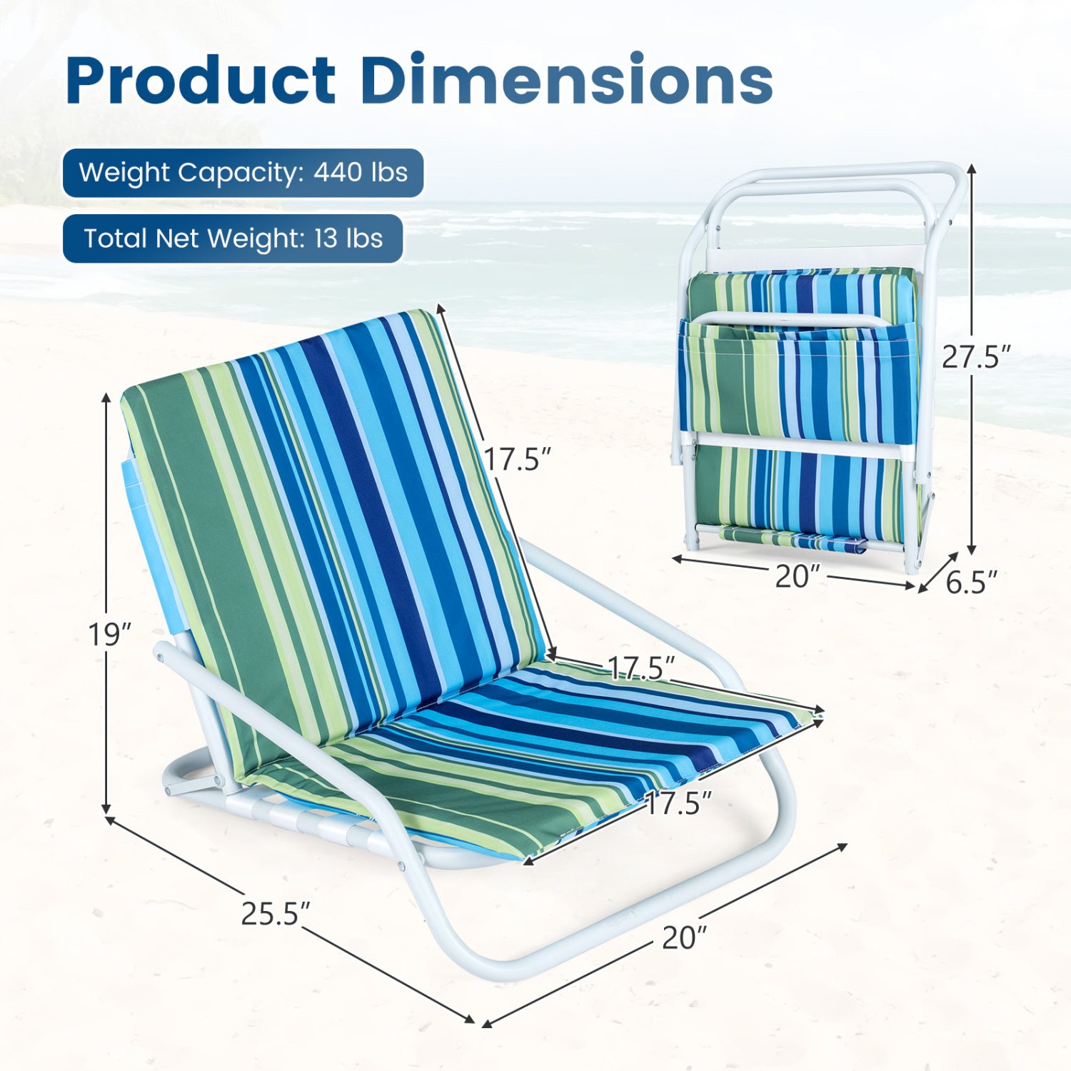 Set of 2 Folding Beach Chairs with Sponge Padded Seat for Camping-Navy