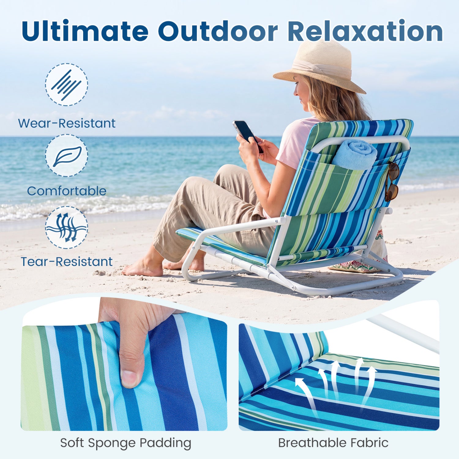 Set of 2 Folding Beach Chairs with Sponge Padded Seat for Camping-Navy