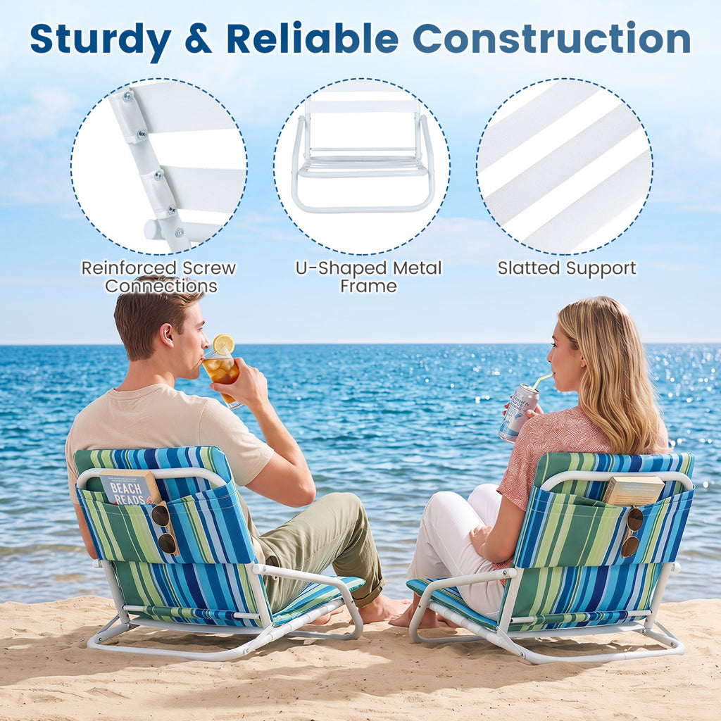 Set of 2 Folding Beach Chairs with Sponge Padded Seat for Camping-Navy