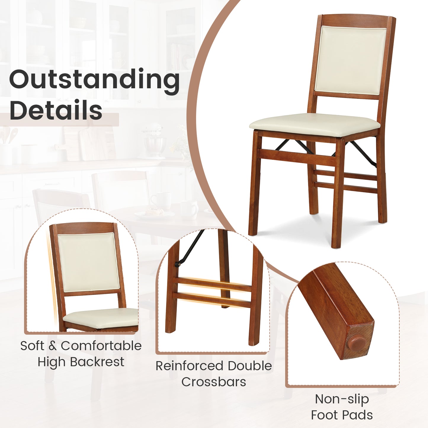Set of 2 Folding Dining Chairs with Padded Seat and High Backrest-Walnut