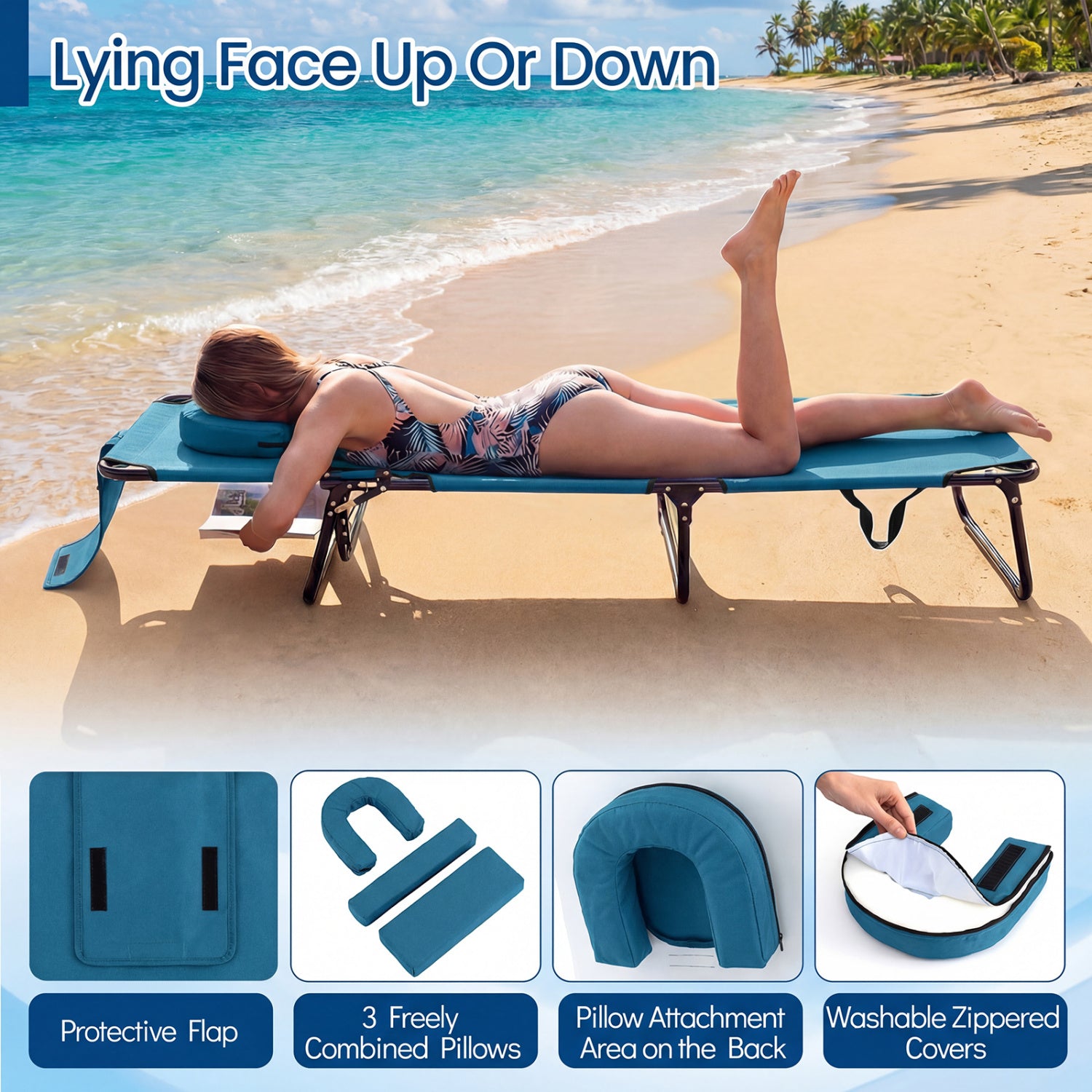 Lot de 2 chaises longues pliantes pour le bronzage facial avec trou pour le visage et 3 coussins amovibles - Bleu