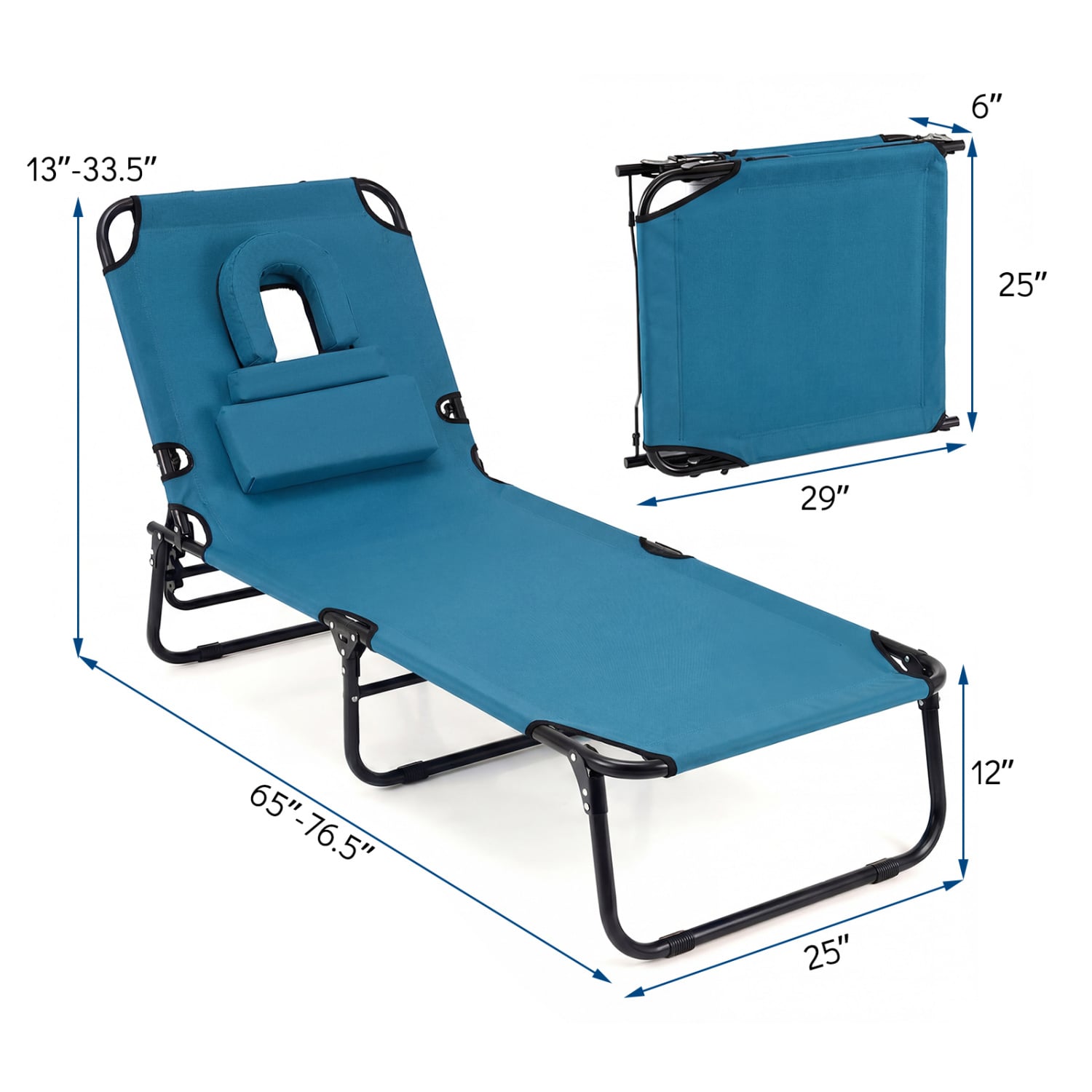 Lot de 2 chaises longues pliantes pour le bronzage facial avec trou pour le visage et 3 coussins amovibles - Bleu