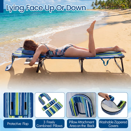 Set of 2 Folding Face Down Tanning Chair with Face Hole 3 Removable Pillows-Blue and Green