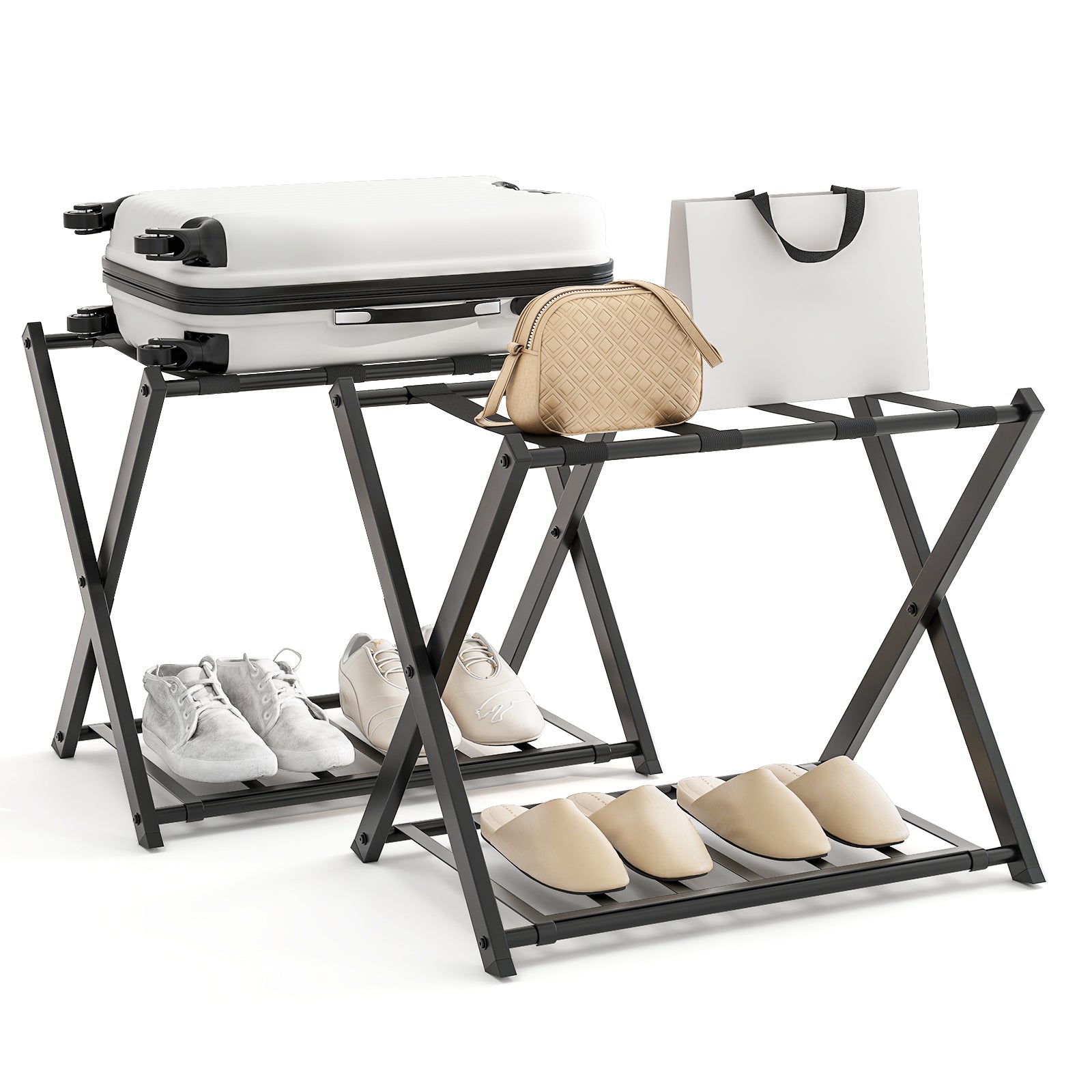 Set of 2 Folding Metal Luggage Rack Suitcase-Black