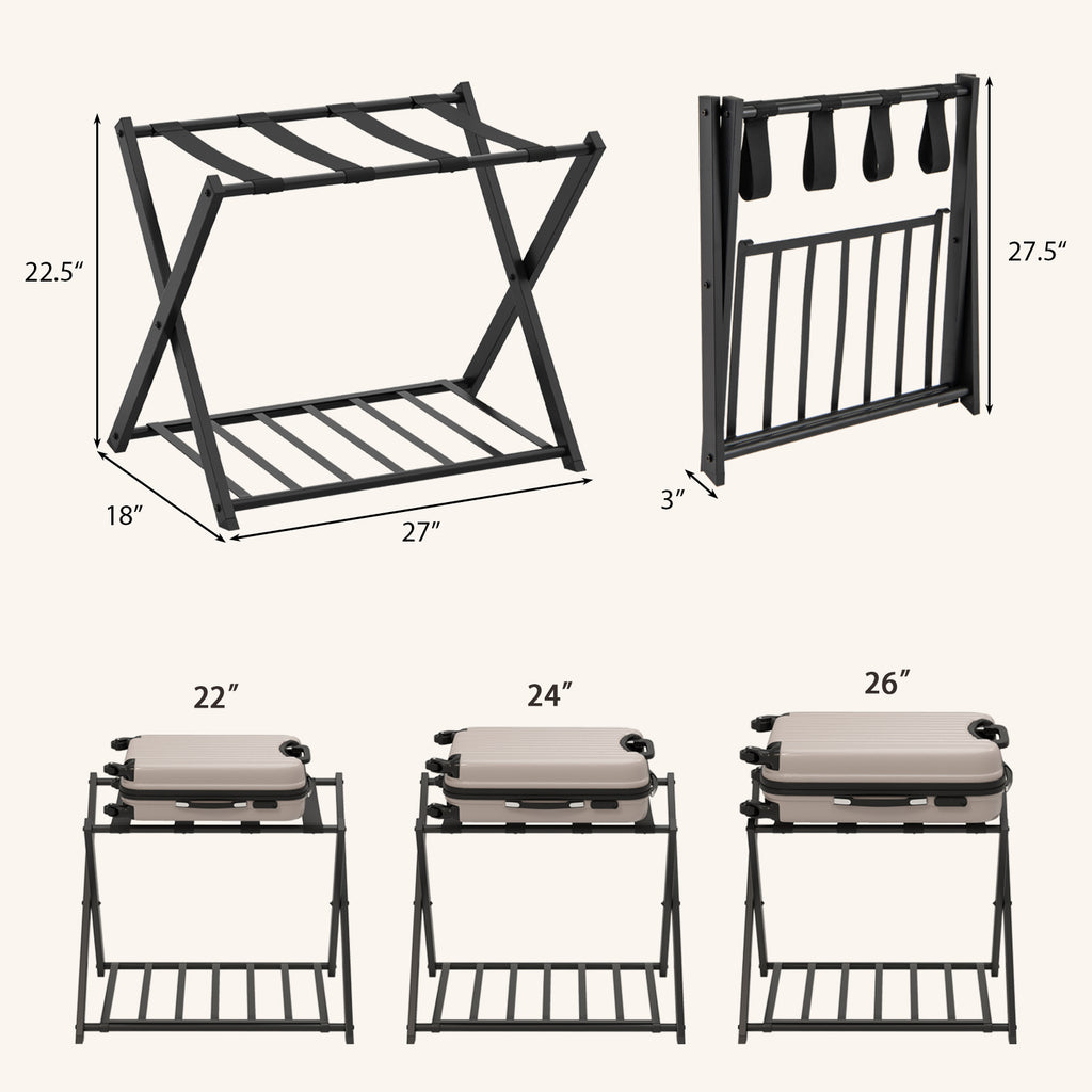 Set of 2 Folding Metal Luggage Rack Suitcase-Black