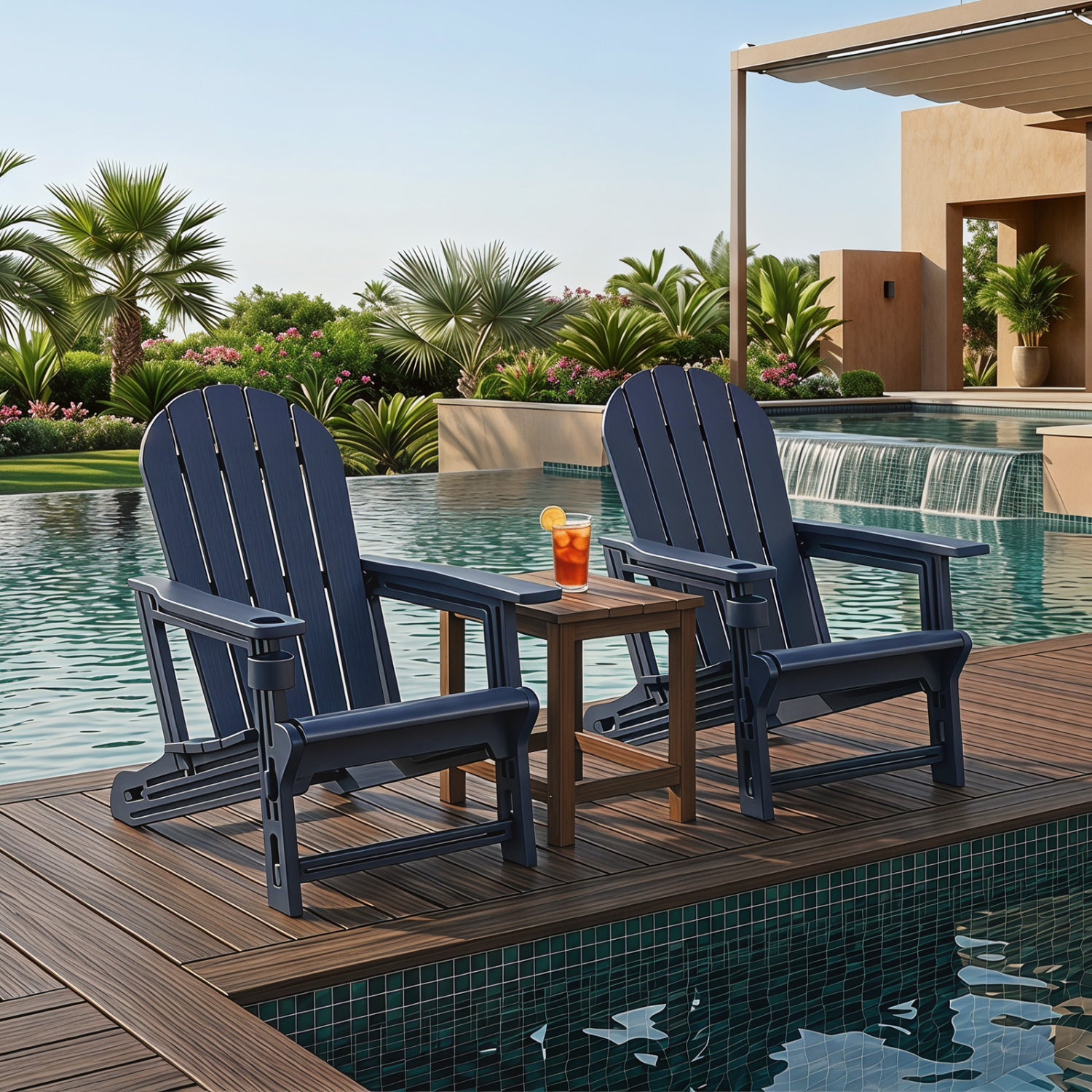 Set of 2 HDPE Adirondack Chair with Cup Holder and Wooden Texture for Patio-Blue