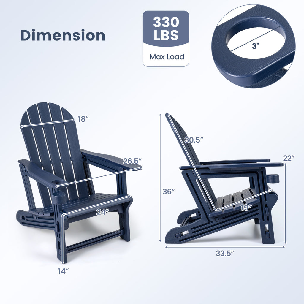 Set of 2 HDPE Adirondack Chair with Cup Holder and Wooden Texture for Patio-Blue