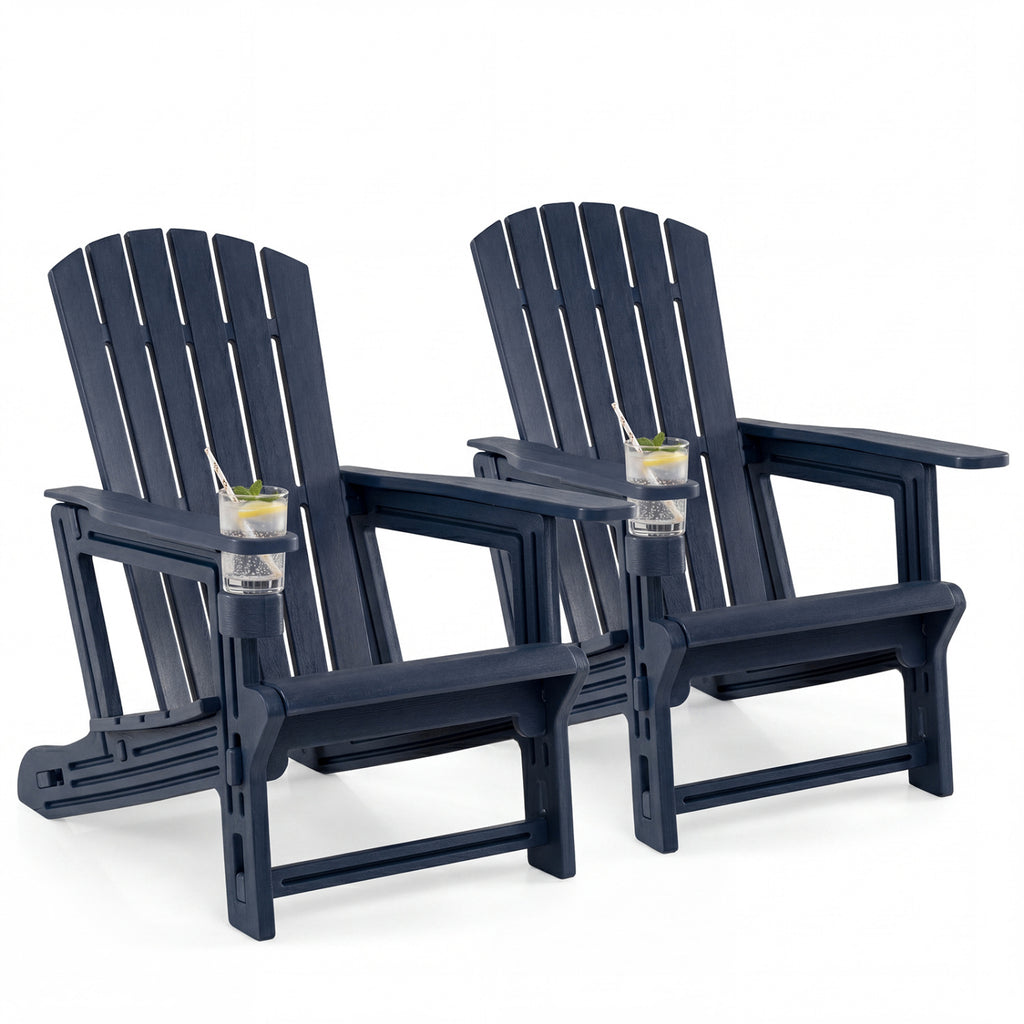 Set of 2 HDPE Adirondack Chair with Cup Holder and Wood-Like Texture  for Garden-Blue