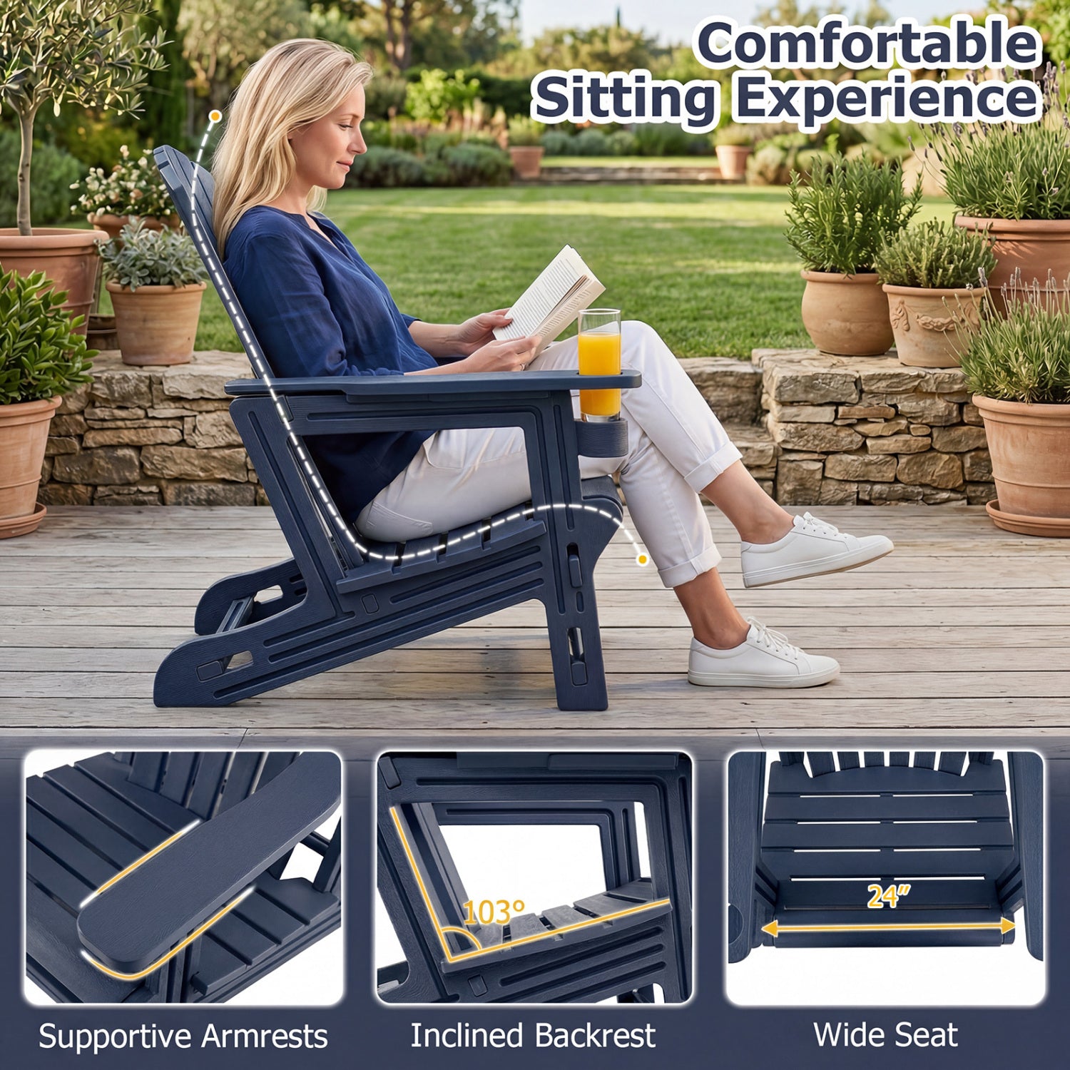 Set of 2 HDPE Adirondack Chair with Cup Holder and Wood-Like Texture  for Garden-Blue