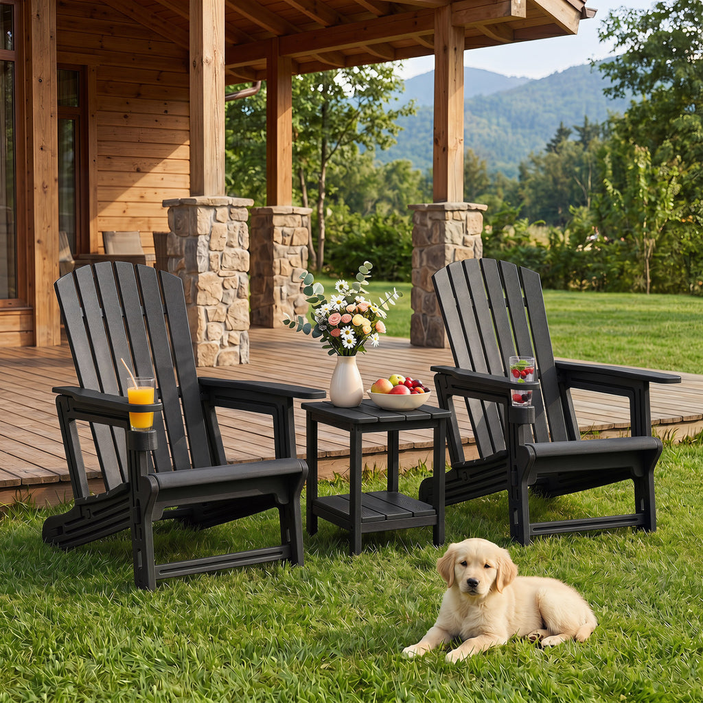 Set of 2 HDPE Adirondack Chair with Cup Holder and Wood-Like Texture  for Garden-Black