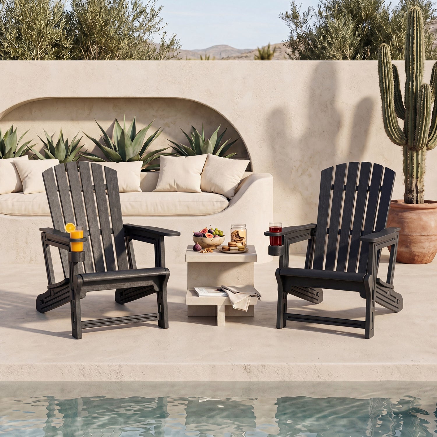 Set of 2 HDPE Adirondack Chair with Cup Holder and Wood-Like Texture  for Garden-Black