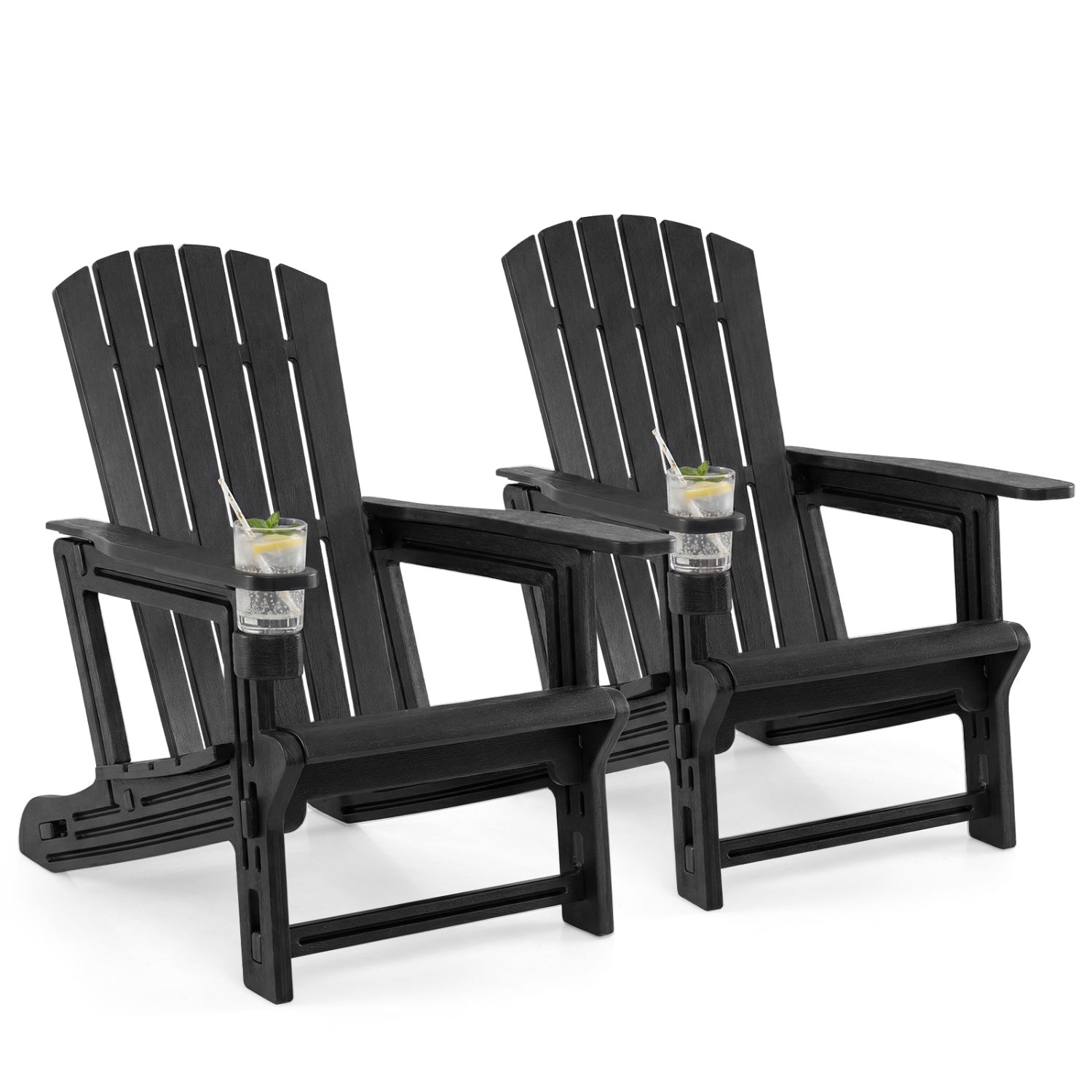 Set of 2 HDPE Adirondack Chair with Cup Holder and Wood-Like Texture  for Garden-Black