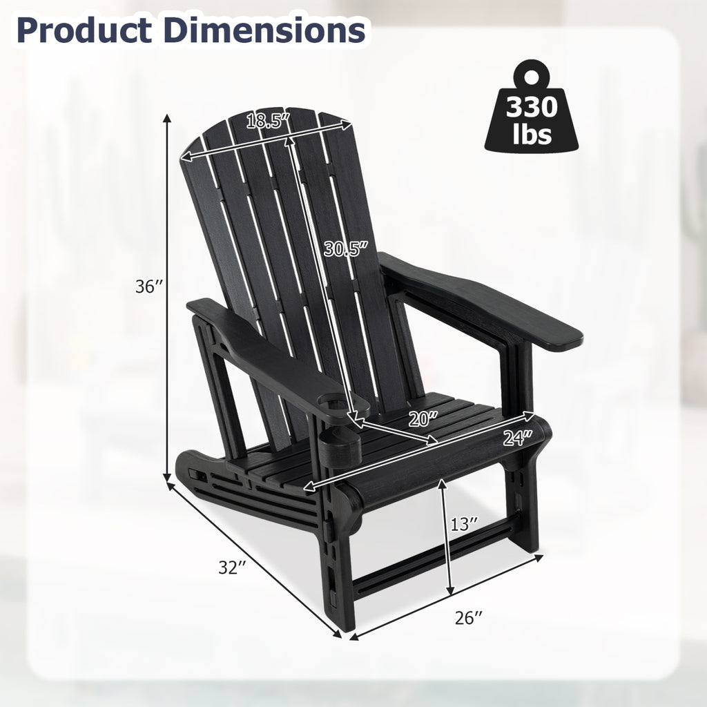 Set of 2 HDPE Adirondack Chair with Cup Holder and Wood-Like Texture  for Garden-Black