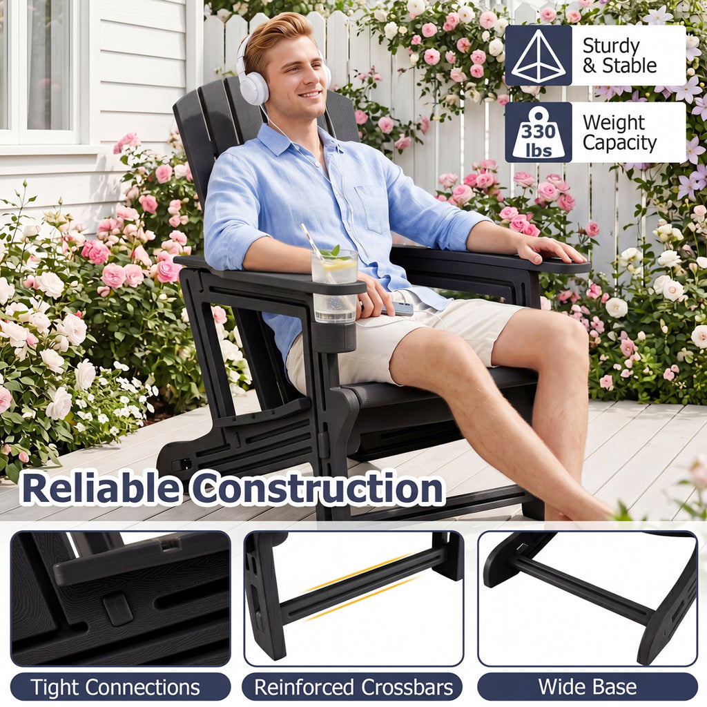 Set of 2 HDPE Adirondack Chair with Cup Holder and Wood-Like Texture  for Garden-Black