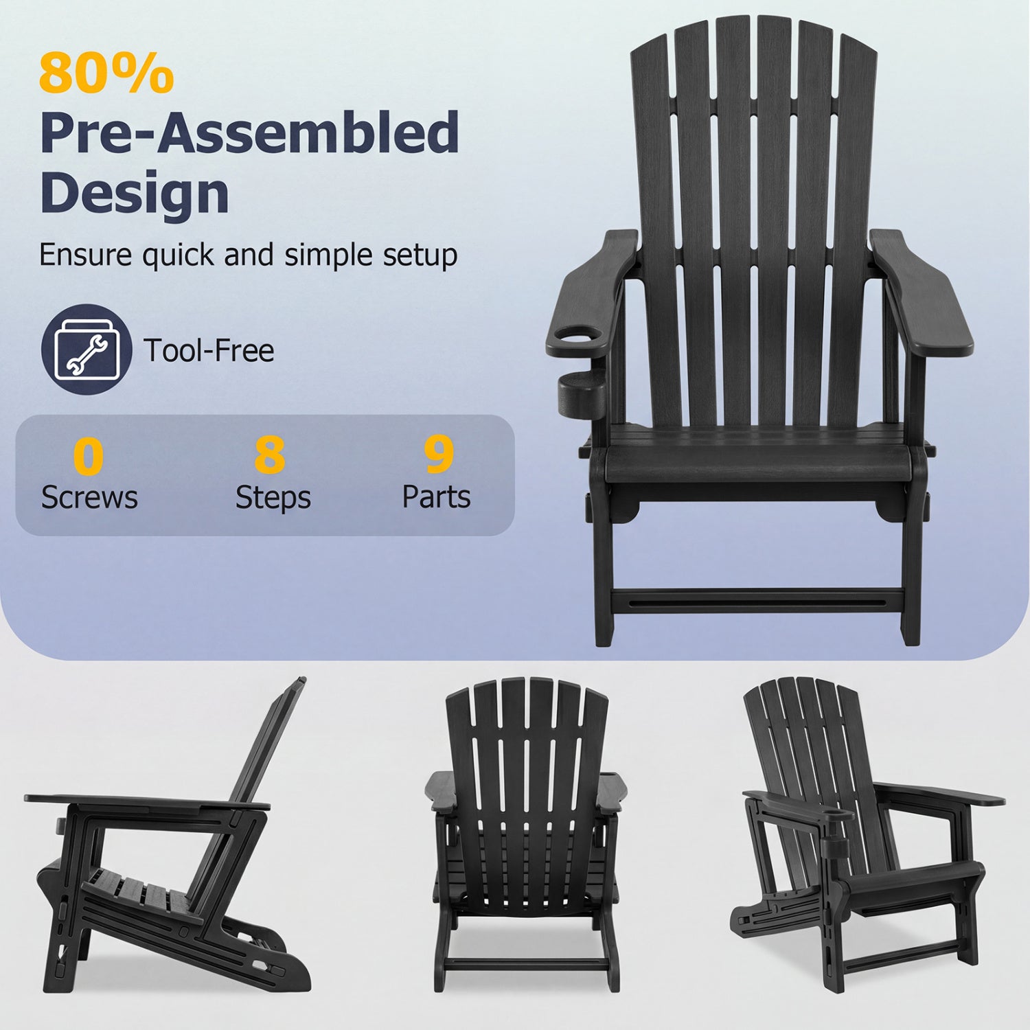 Set of 2 HDPE Adirondack Chair with Cup Holder and Wood-Like Texture  for Garden-Black