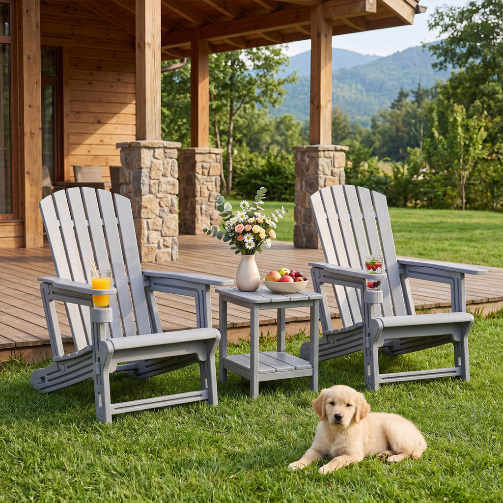 Set of 2 HDPE Adirondack Chair with Cup Holder and Wood-Like Texture  for Garden-Gray