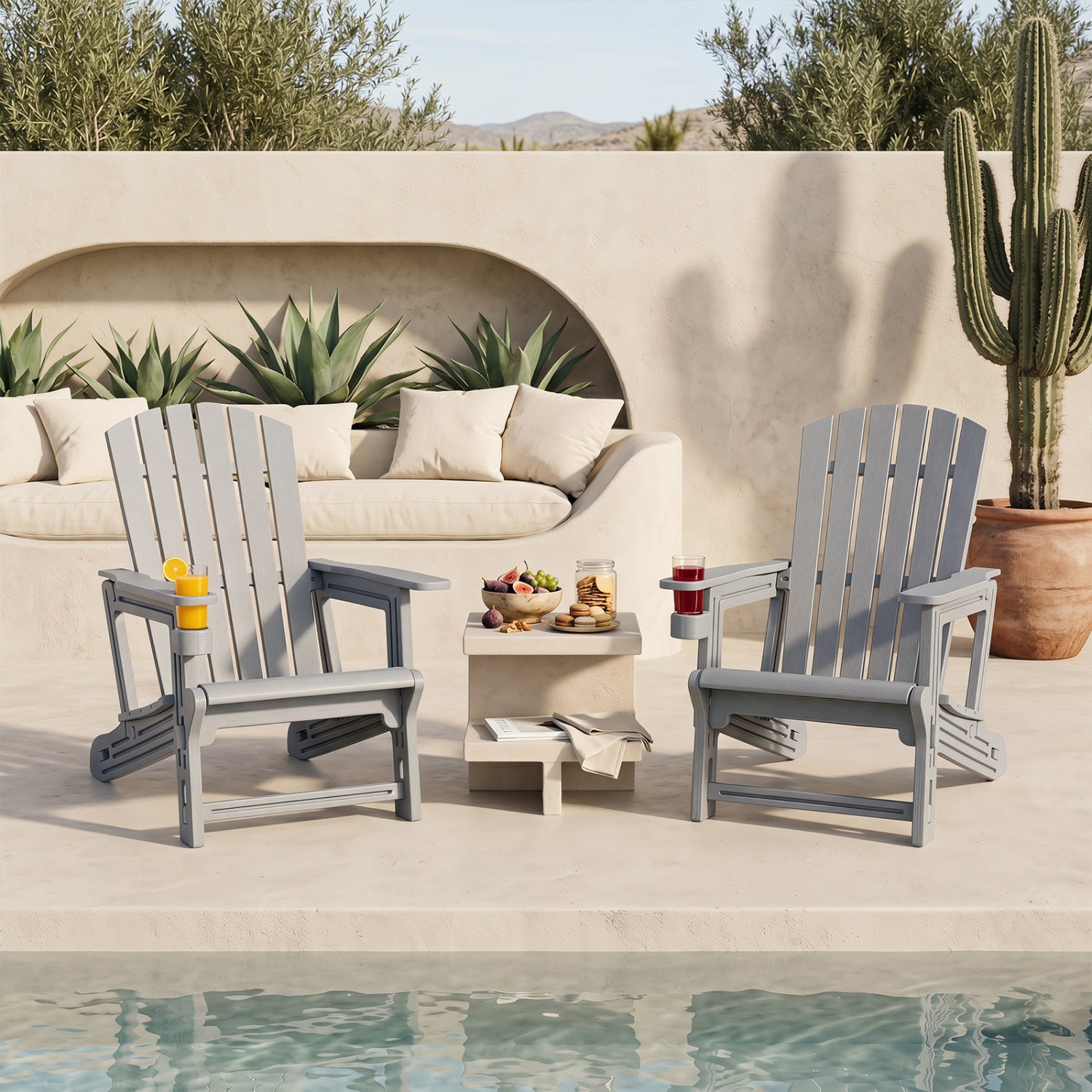 Set of 2 HDPE Adirondack Chair with Cup Holder and Wood-Like Texture  for Garden-Gray