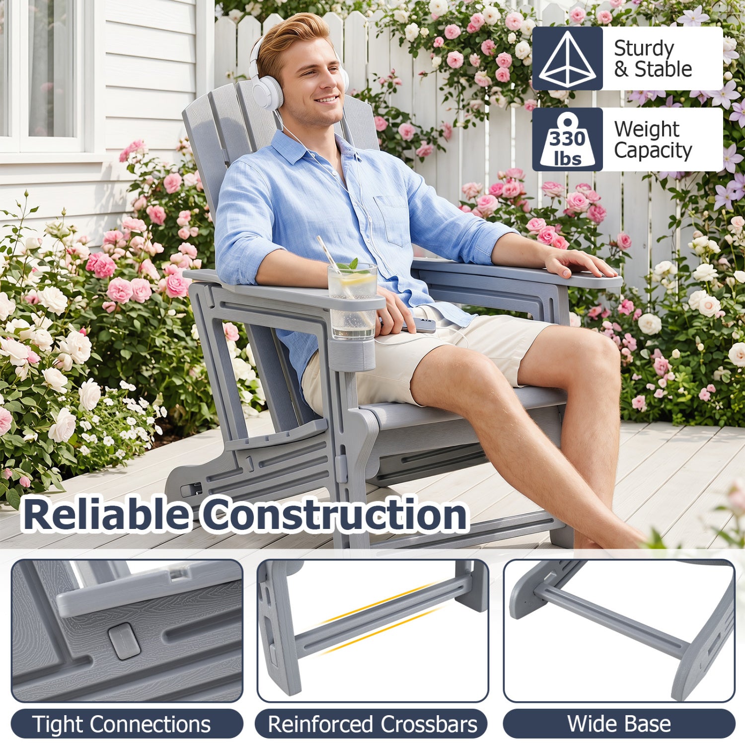 Set of 2 HDPE Adirondack Chair with Cup Holder and Wood-Like Texture  for Garden-Gray