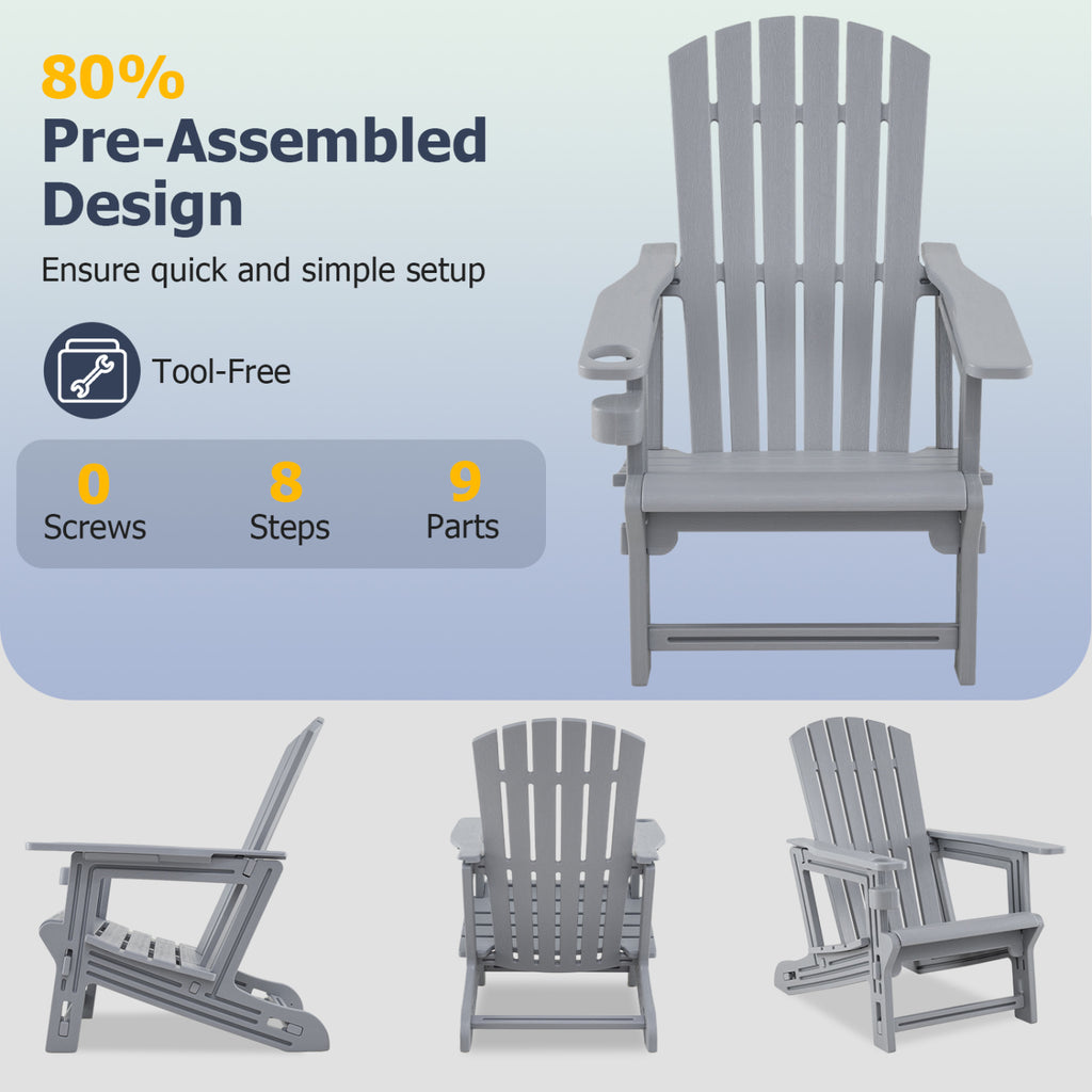Set of 2 HDPE Adirondack Chair with Cup Holder and Wood-Like Texture  for Garden-Gray