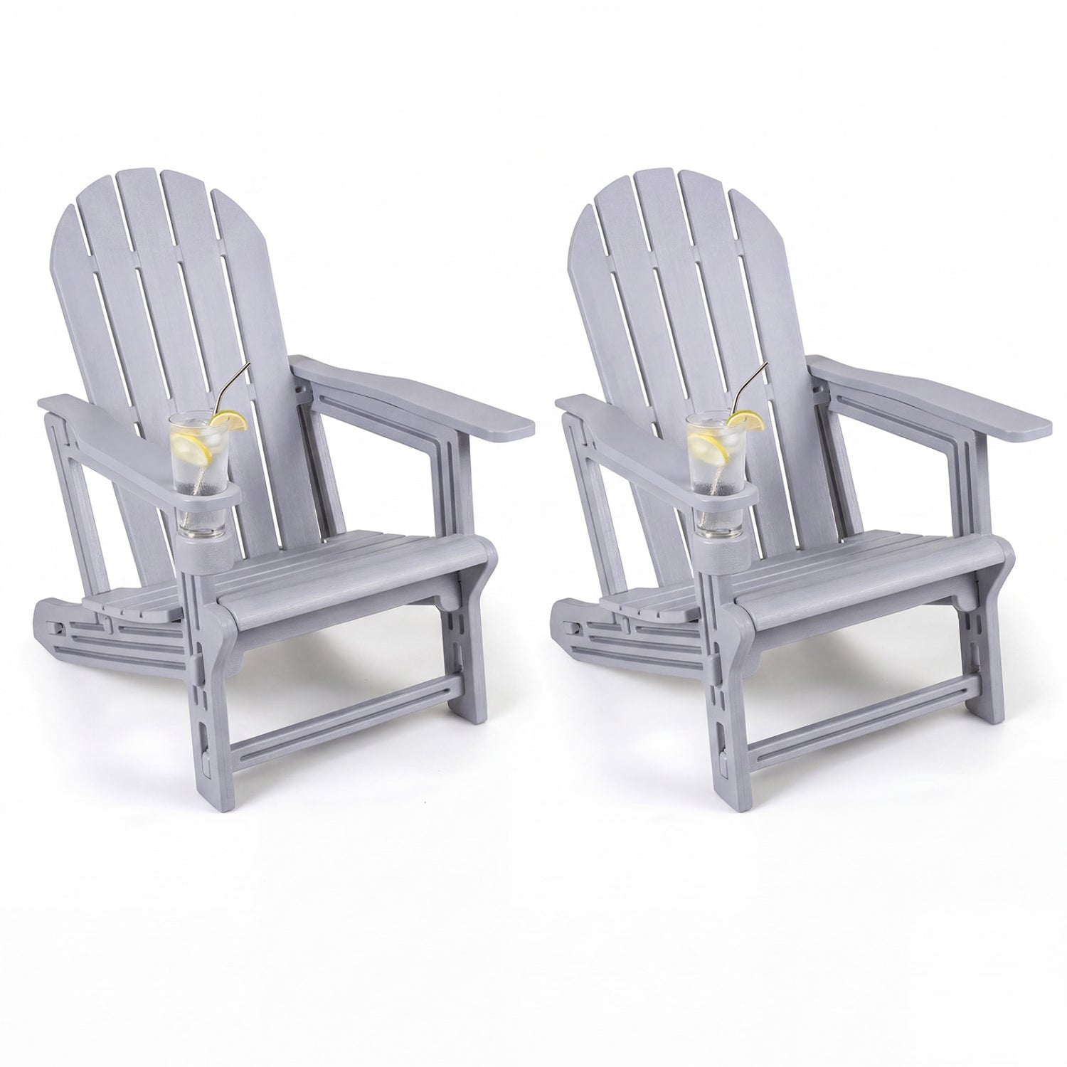 Set of 2 HDPE Adirondack Chair with Cup Holder and Wooden Texture for Patio-Gray