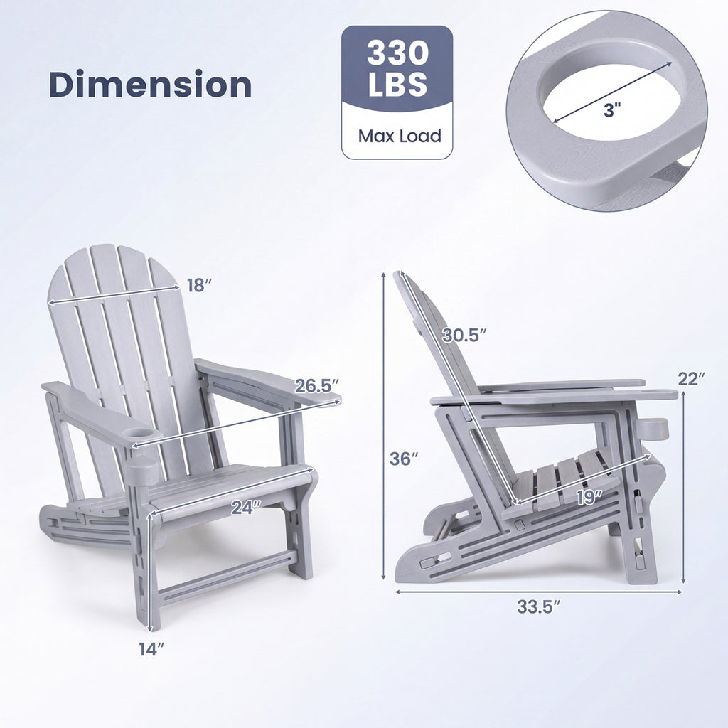 Set of 2 HDPE Adirondack Chair with Cup Holder and Wooden Texture for Patio-Gray