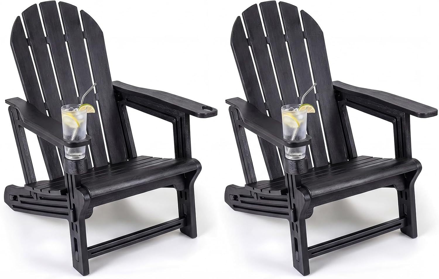 Set of 2 HDPE Adirondack Chair with Cup Holder and Wooden Texture for Patio-Black