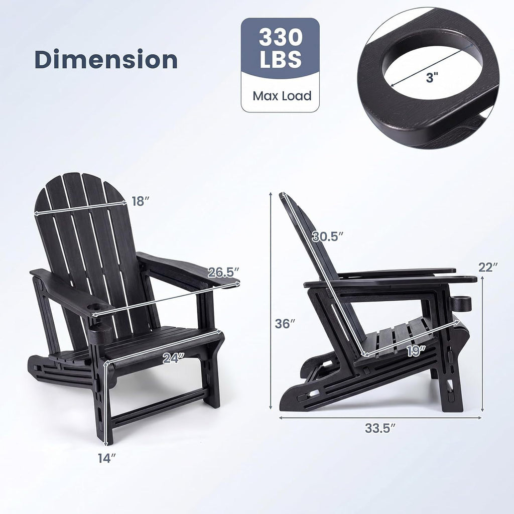 Set of 2 HDPE Adirondack Chair with Cup Holder and Wooden Texture for Patio-Black