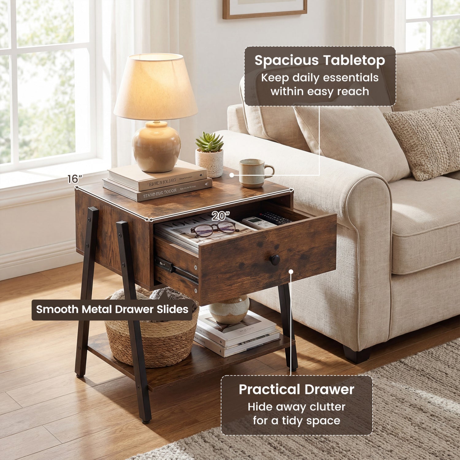 Set of 2 Industrial Nightstand with Adjustable Foot Pads for Bedroom-Rustic Brown