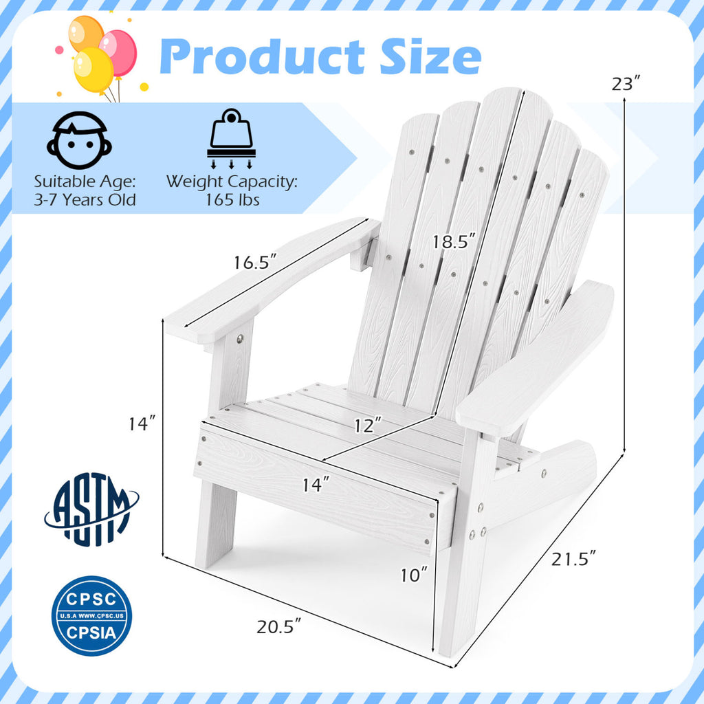 Ensemble de 2 chaises Adirondack pour enfants, toutes saisons, pour l'extérieur, avec dossier haut incliné - Blanc