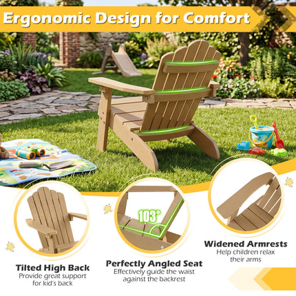 Set of 2 Kids Adirondack Chairs All-weather Outdoor Chairs for Children with Tilted High Backrest-Brown