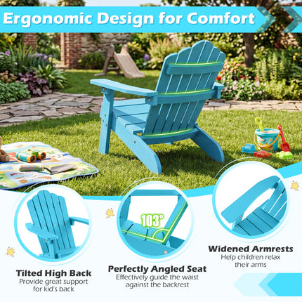 Set of 2 Kids Adirondack Chairs All-weather Outdoor Chairs for Children with Tilted High Backrest-Turquoise
